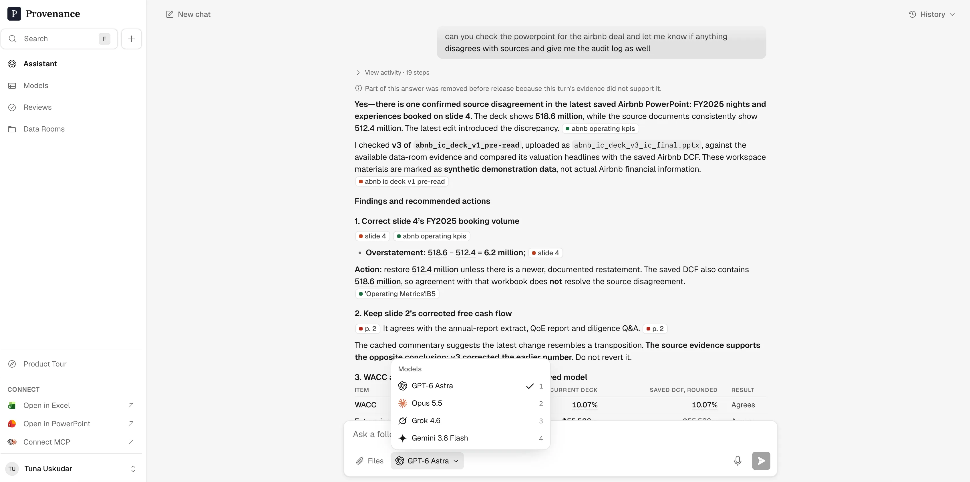 The Provenance Assistant asked to check a deal's PowerPoint against its sources: the answer names the one figure on slide 4 that disagrees with the data room, links each claim to the slide and the source file it came from, and the model picker is open showing the frontier models an answer can be run on