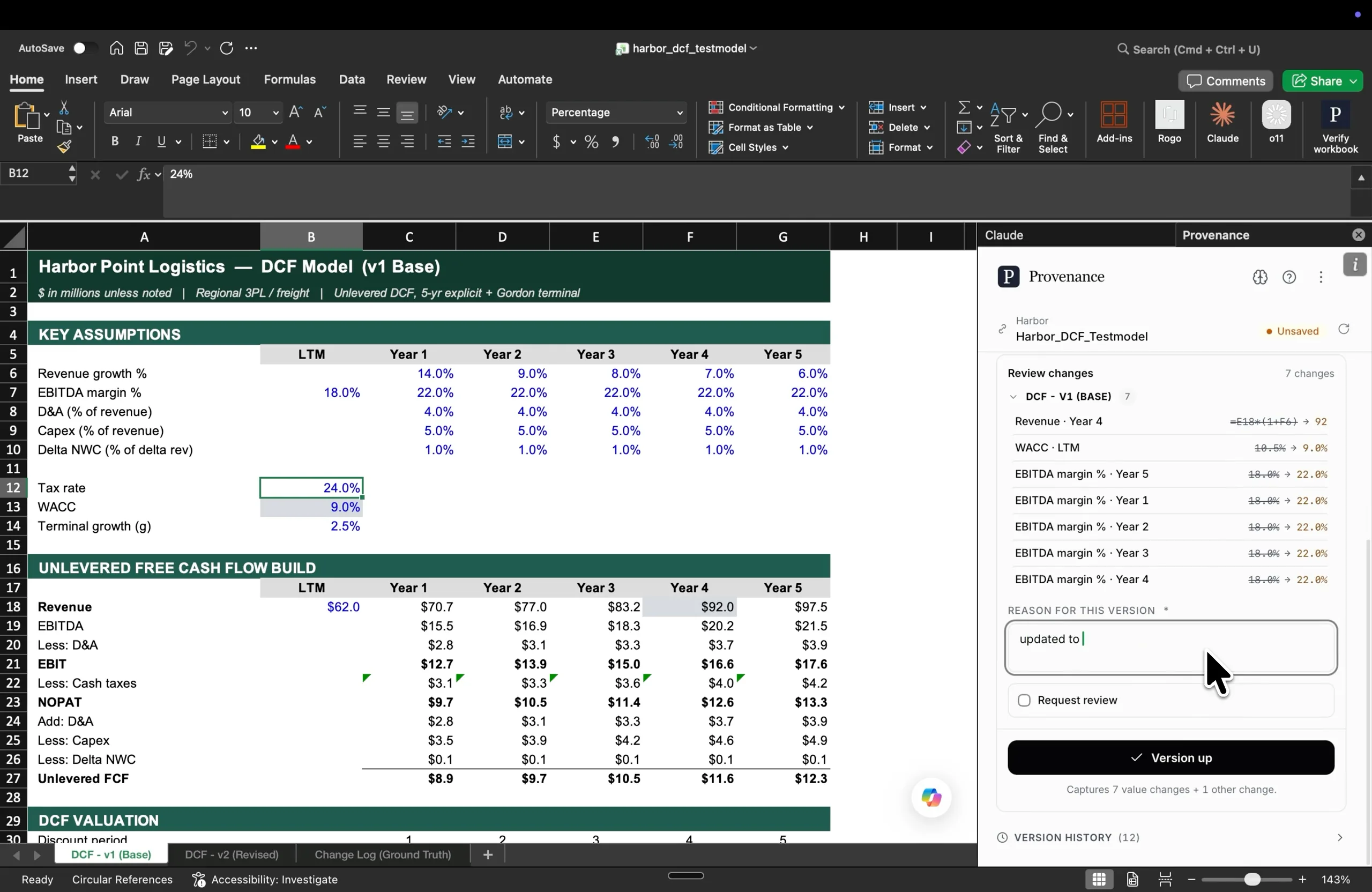 The Provenance task pane open beside a DCF model in Excel, listing the seven assumptions that changed since the last version with their before and after values, a reason being typed for this version, and the button that saves it