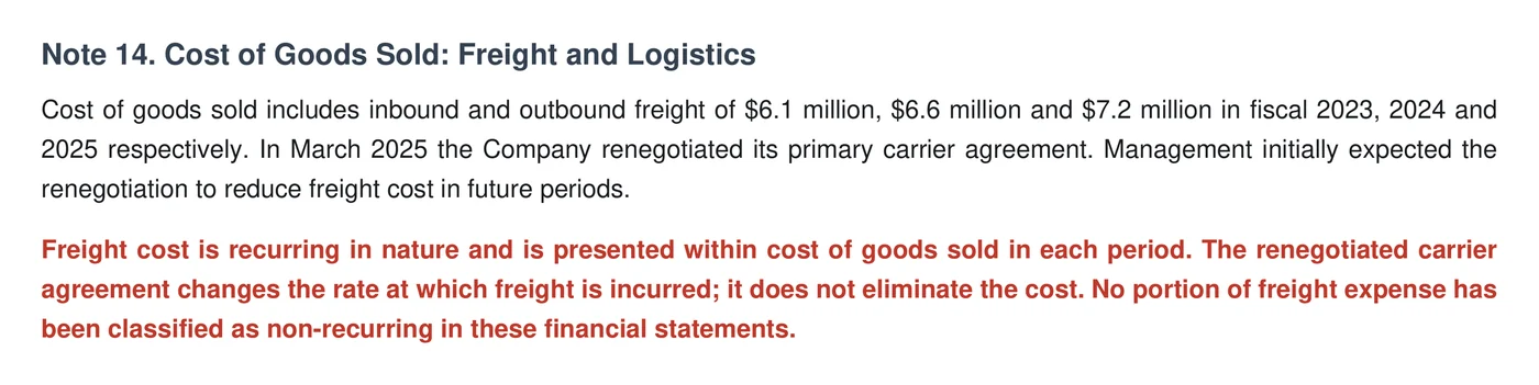 Project Calder audited financial statements, page 8, Note 14. Cost of Goods Sold: Freight and Logistics. Cost of goods sold includes inbound and outbound freight of $6.1 million, $6.6 million and $7.2 million in fiscal 2023, 2024 and 2025 respectively. In March 2025 the Company renegotiated its primary carrier agreement. Management initially expected the renegotiation to reduce freight cost in future periods. In bold red: Freight cost is recurring in nature and is presented within cost of goods sold in each period. The renegotiated carrier agreement changes the rate at which freight is incurred; it does not eliminate the cost. No portion of freight expense has been classified as non-recurring in these financial statements.
