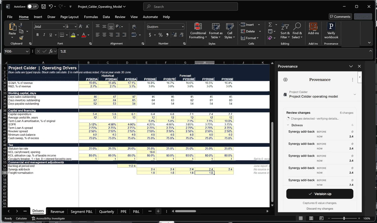 The Calder operating model in Excel with the Provenance add-in open beside it, listing the changed drivers above the Version up button.