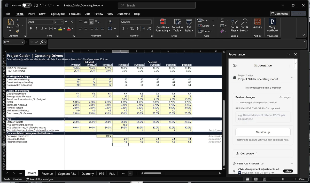 The Calder operating model in Excel after a save, the Provenance add-in showing the version history with version 14 and its reason.